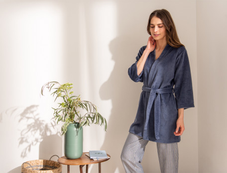 Peignoir forme kimono en polaire Reflets bleus