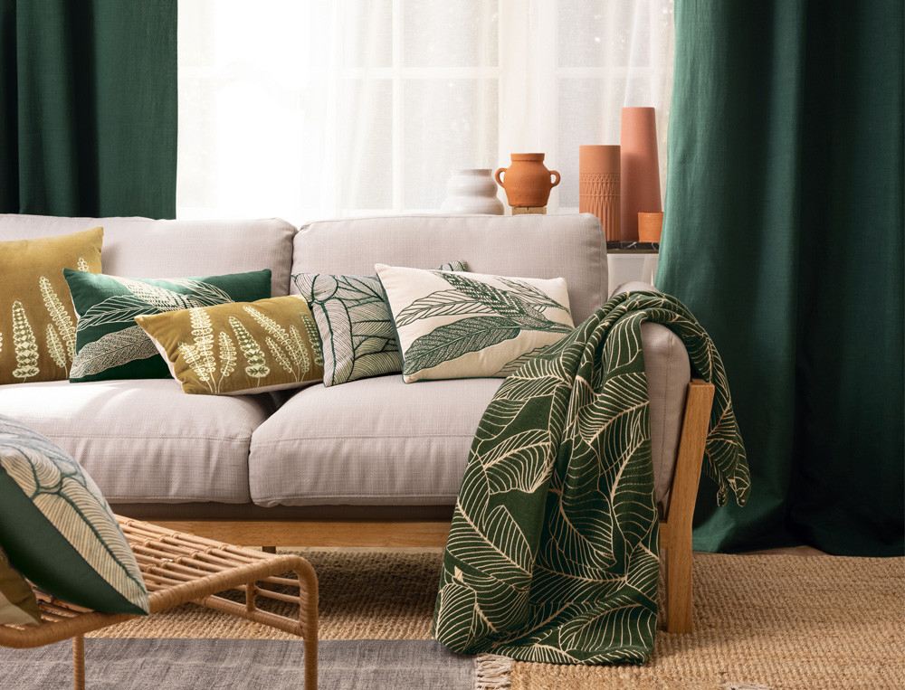 Plaid et jeté de canapé velours jacquard motif feuilles D'après nature