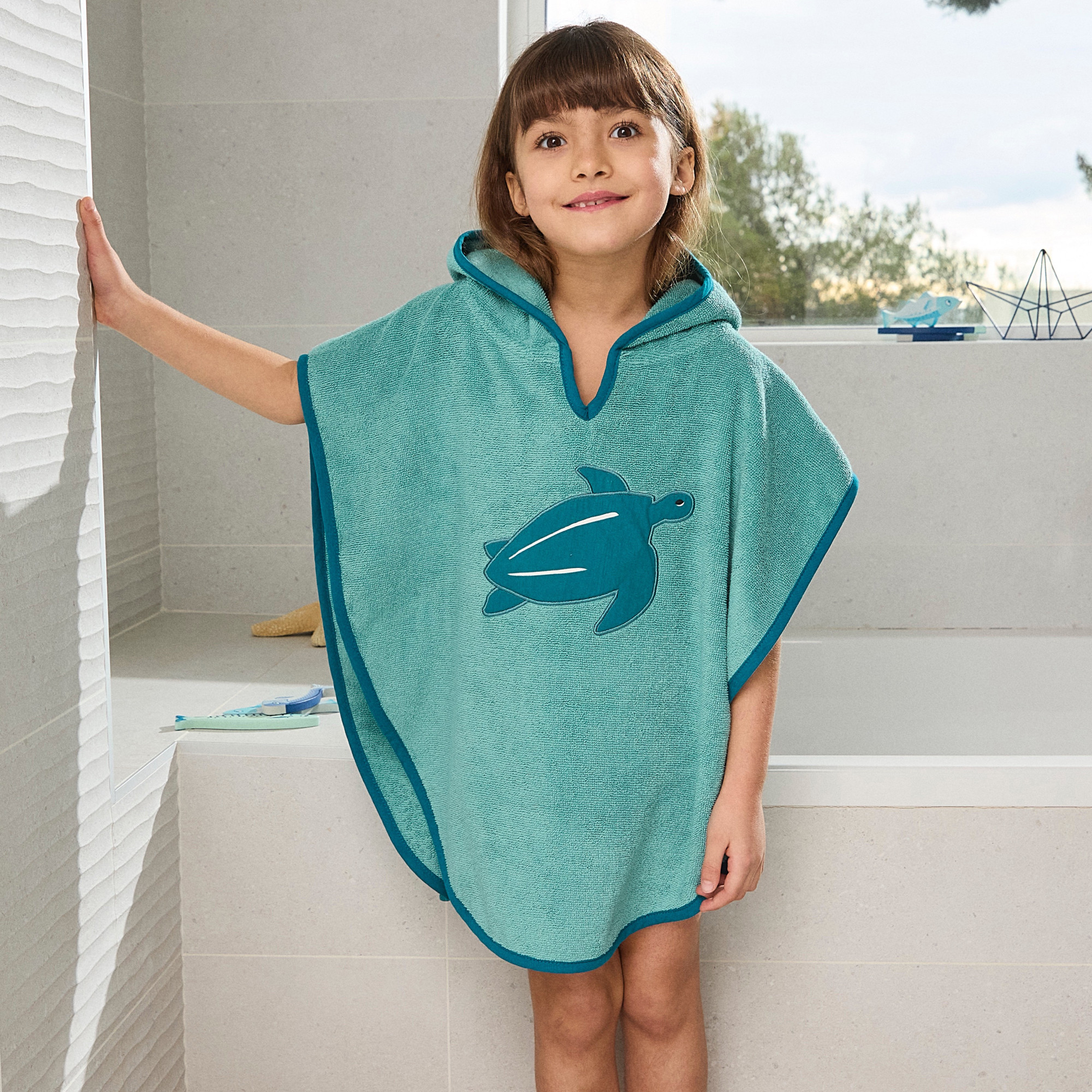 Poncho - 4/5 ans - Bandes de poissons - Turquoise - Linvosges