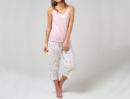 Pyjama court femme pantalon imprimé et haut jersey parme En tempo
