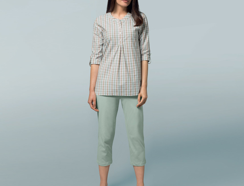 Pyjama court femme carreaux tissé-teint et uni Vert feuillage