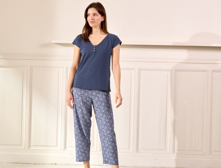 Pyjama short imprimé végétal et uni bleu Jardin du palais