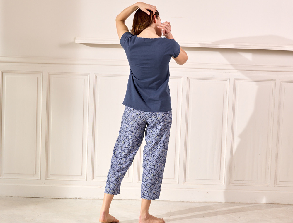 Pyjama short imprimé végétal et uni bleu Jardin du palais