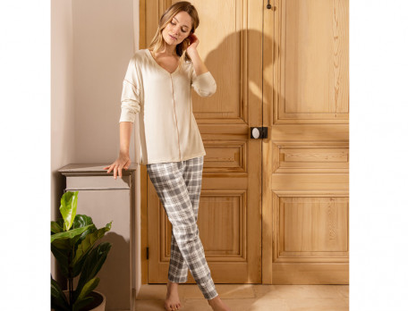 Pyjama femme haut écru et pantalon carreaux En osmose