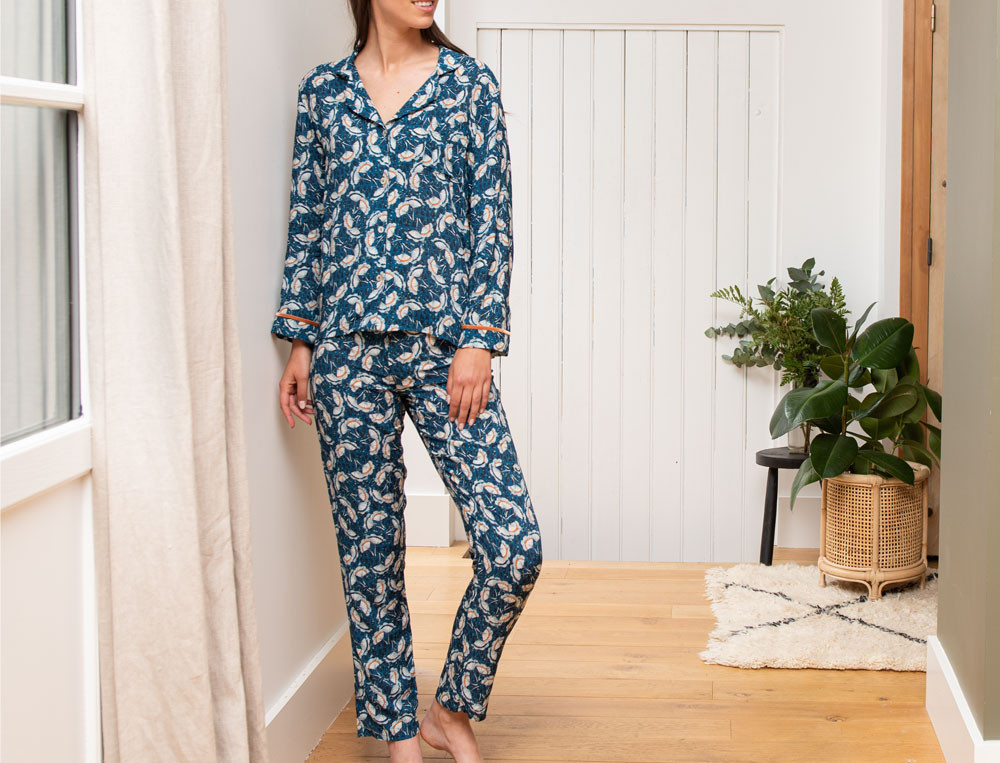 Pyjama femme Imprimé végétal bleu Féérique