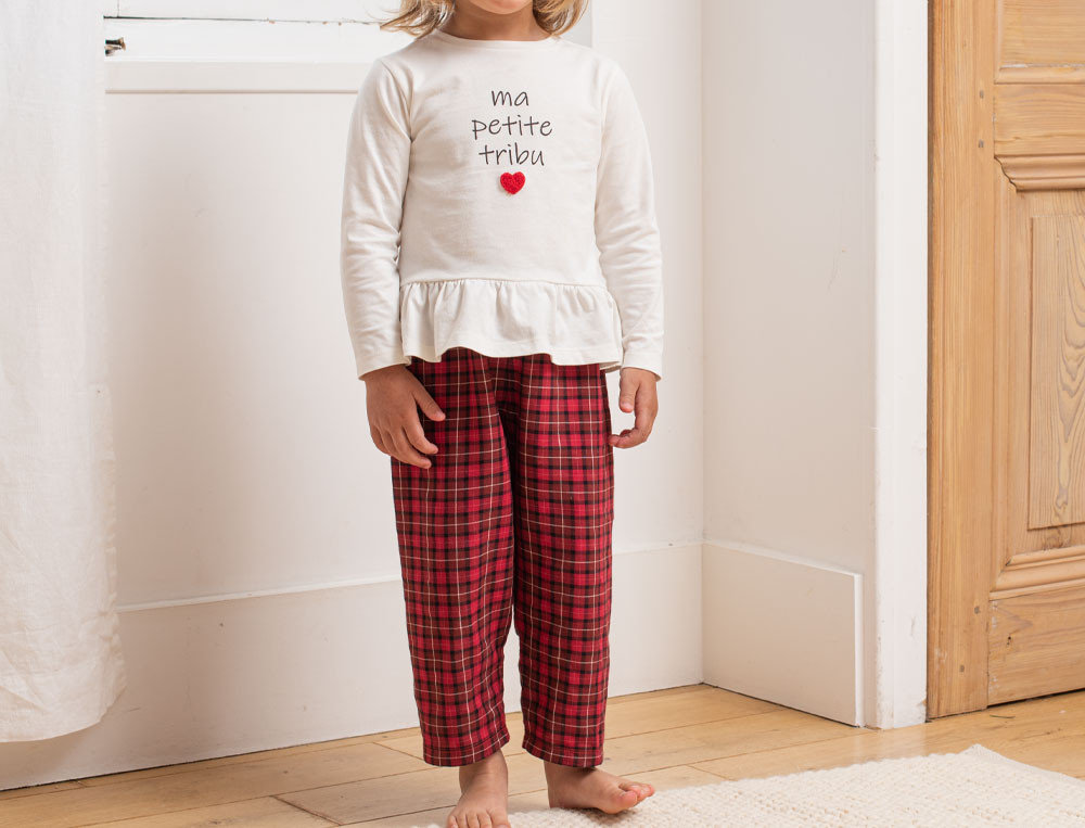 Pyjama enfant jersey gris chiné et carreaux J'aime ma tribu