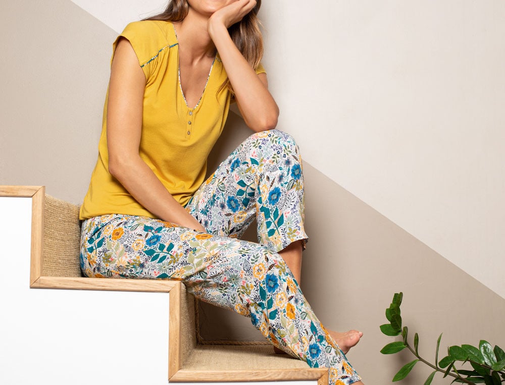 Pyjama femme fleuri viscose et uni jersey coton Fleurs de Tiaré