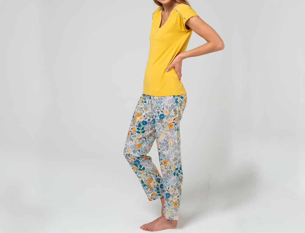 Pyjama femme fleuri viscose et uni jersey coton Fleurs de Tiaré