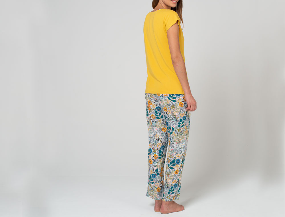 Pyjama femme fleuri viscose et uni jersey coton Fleurs de Tiaré