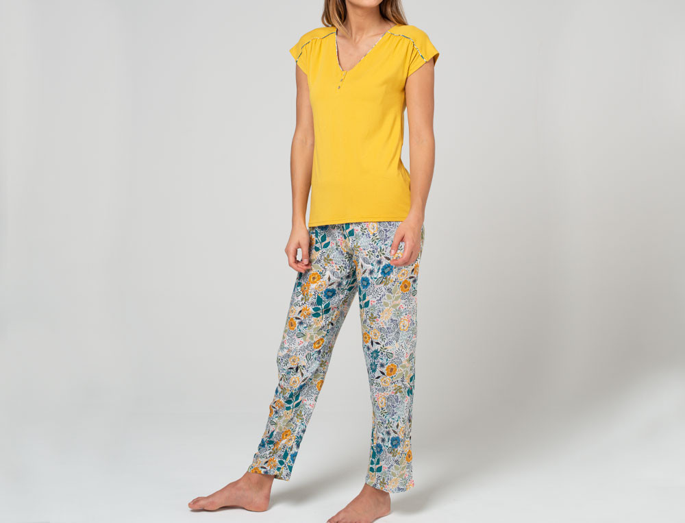 Pyjama femme fleuri viscose et uni jersey coton Fleurs de Tiaré