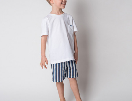 Pyjama short garçon jersey blanc et coton imprimé Bleu océan