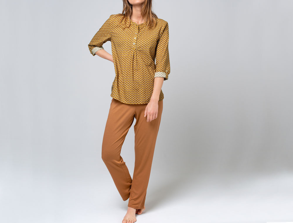 Pyjama femme 100% coton imprimé et uni noisette Les rêveurs