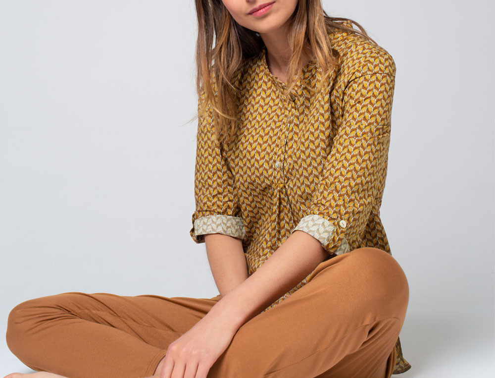 Pyjama femme 100% coton imprimé et uni noisette Les rêveurs