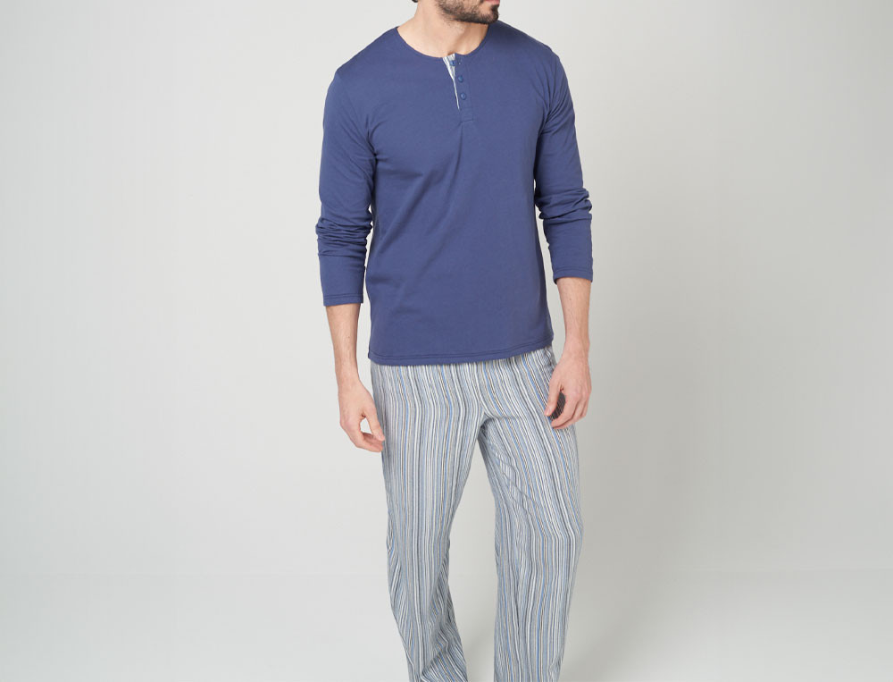 Pyjama tissé-teint rayé et jersey bleu homme Milleraies