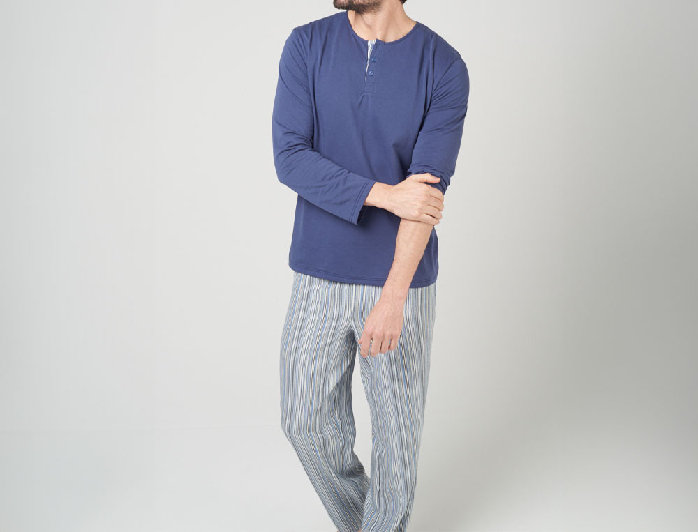 Pyjama tissé-teint rayé et jersey bleu homme Milleraies