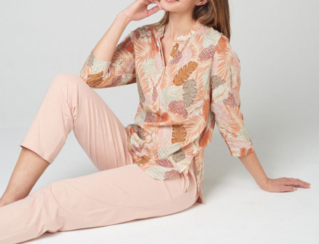 Pyjama imprimé végétal et jersey uni rose Paradis tropical