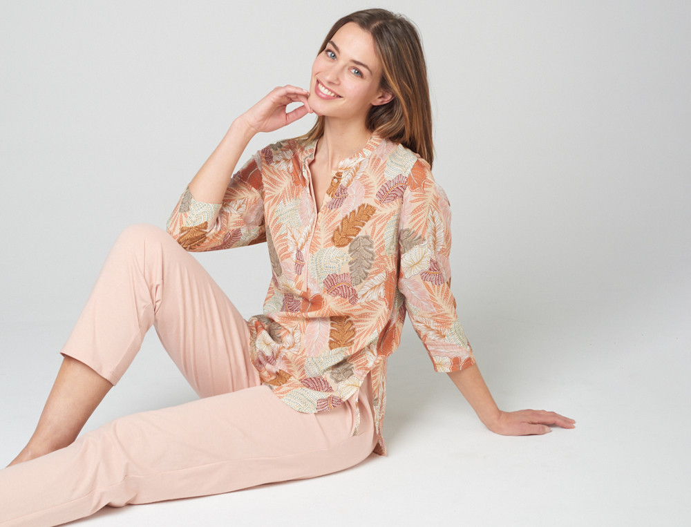 Pyjama imprimé végétal et jersey uni rose Paradis tropical