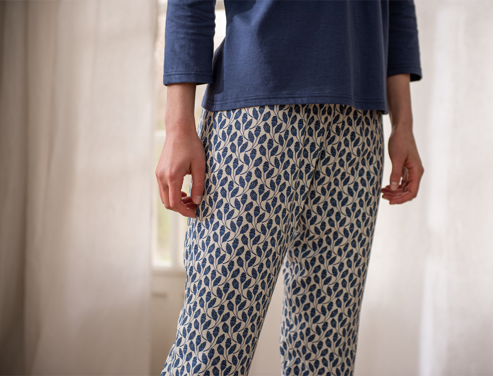 Pyjama imprimé fleuri et jersey uni bleu Poésie marine