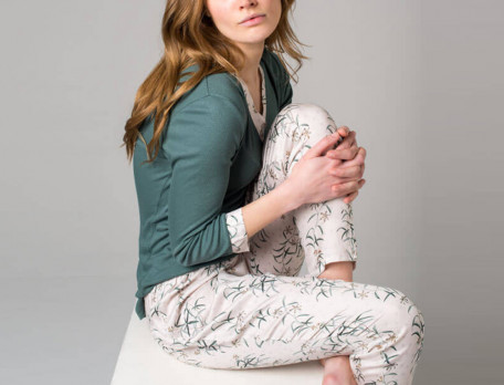 Pyjama imprimé fleur et uni émeraude Précieuse