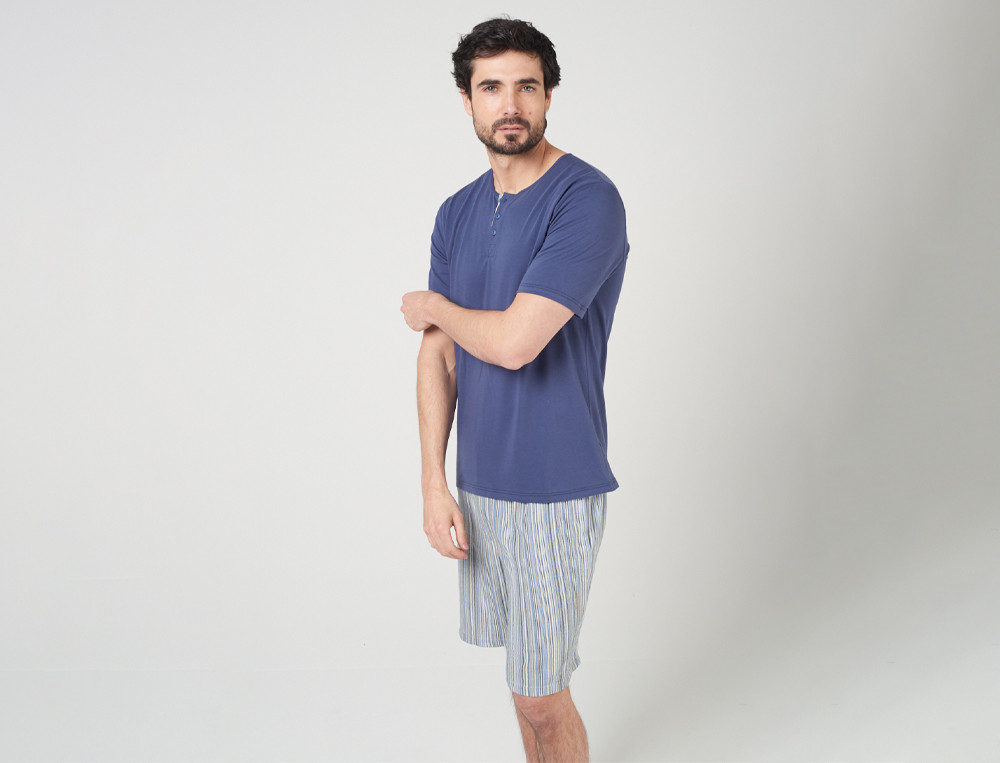 Pyjama short jersey uni bleu et short rayé Milleraies