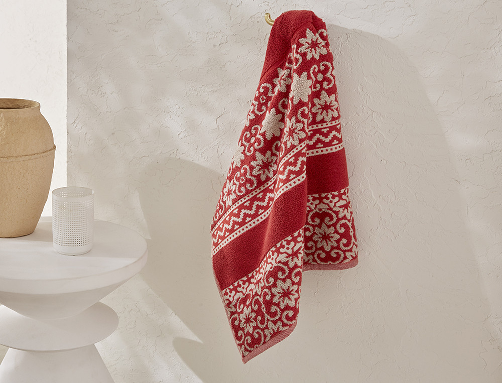 Serviette de bain coton jacquard avec motifs beige et rouge Nuit à Vienne