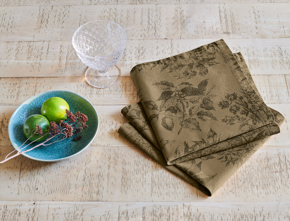 Serviettes de table 100% coton avec imprimé végétal anthracite, Quotidiennement chic
