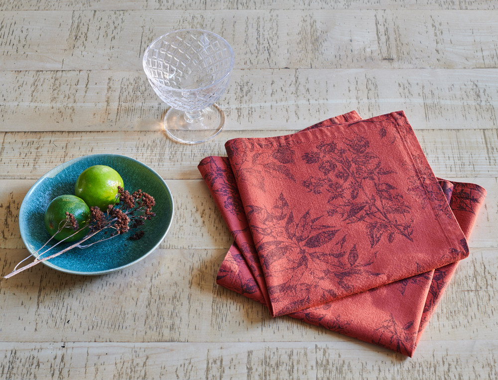 Serviettes de table 100% coton avec imprimé végétal anthracite, Quotidiennement chic