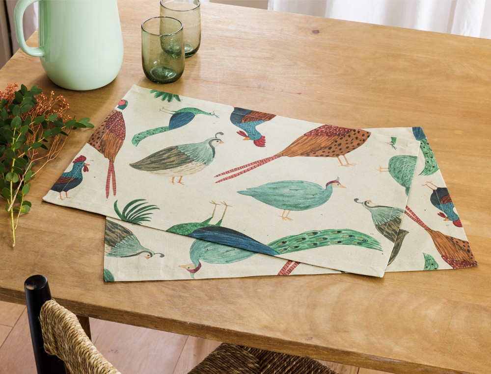 Set de table 100% coton imprimé d'oiseaux multicolores Repas en famille