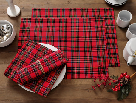 2 sets de table et 2 serviettes de table écossais tissé-teint rouge Forêt Noire