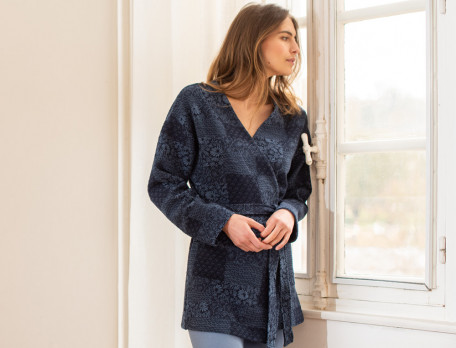 Veste jacquard forme kimono Bleu de Kyoto