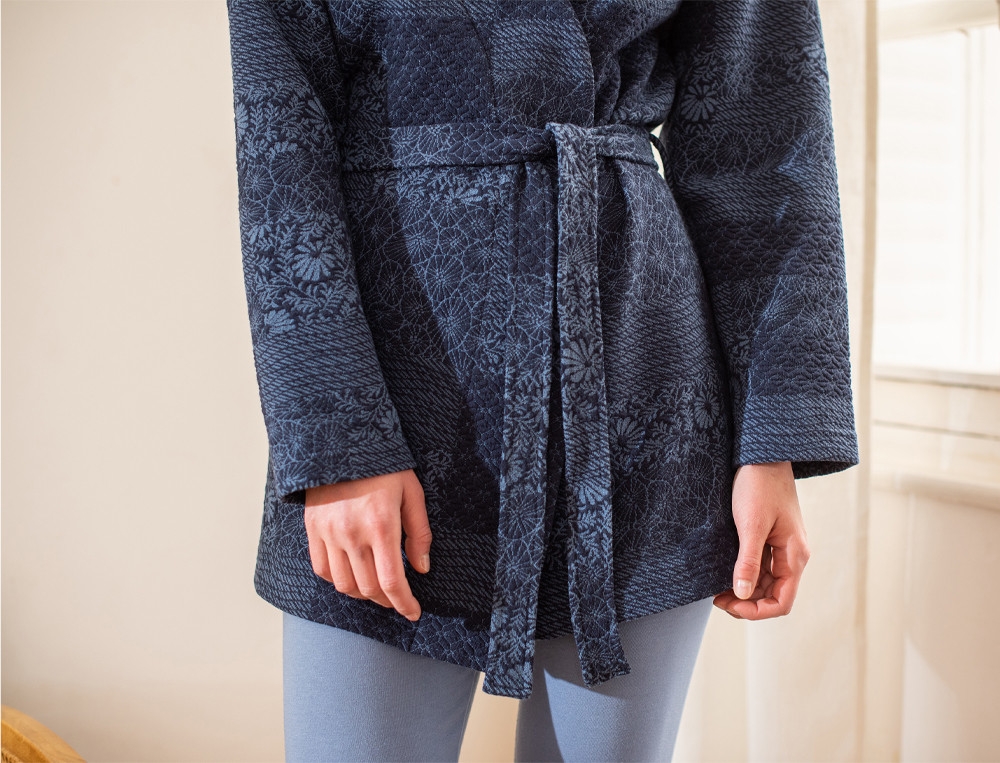 Veste jacquard forme kimono Bleu de Kyoto